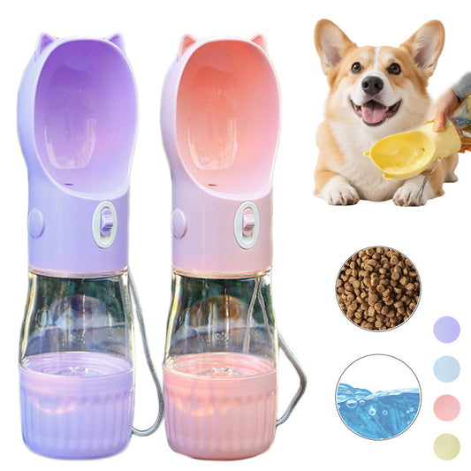 2-in-1 Portable Dog & Cat Water Bottle – 380-500ml Leak-Proof Outdoor Drinking Bowl with Food Container for Puppies & Small to Large Dogs