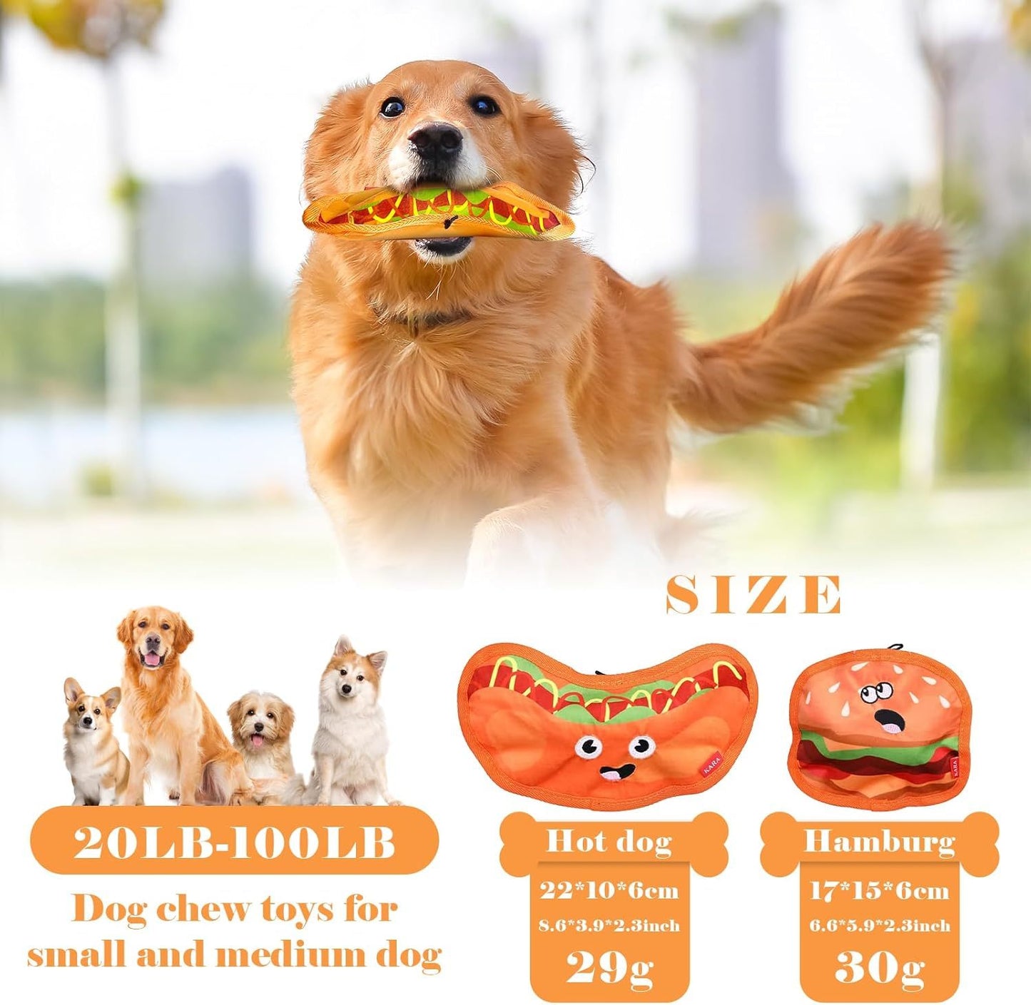 Hamburger Crinkle Squeaky Dog Toy – Durable No-Stuffing Chew Toy for Puppies & Small, Medium, Large Dogs